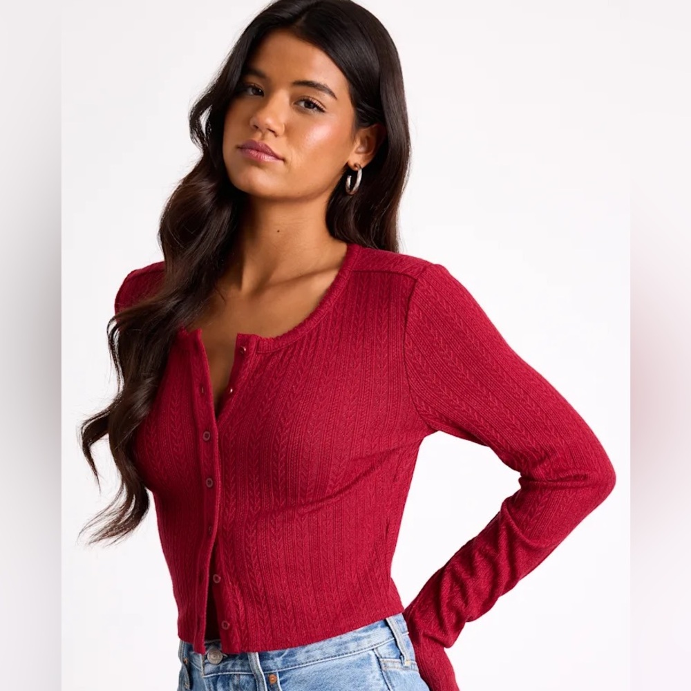 Lulu’s Pointelle Knit Button-Front Crop Top